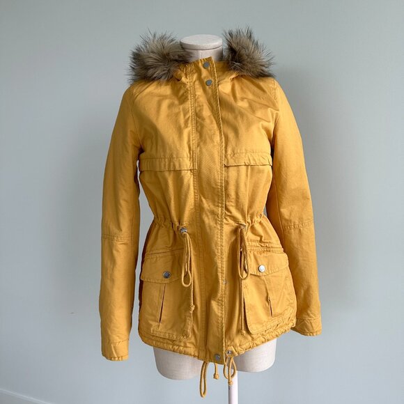 NEW Parka Jacket Yellow Womans Size 4 Teddy Bear Lined Drawstring Full Zip - Picture 2 of 12
